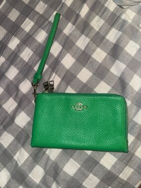 Coach Green Pebbled Leather Zip Wristlet with Strap